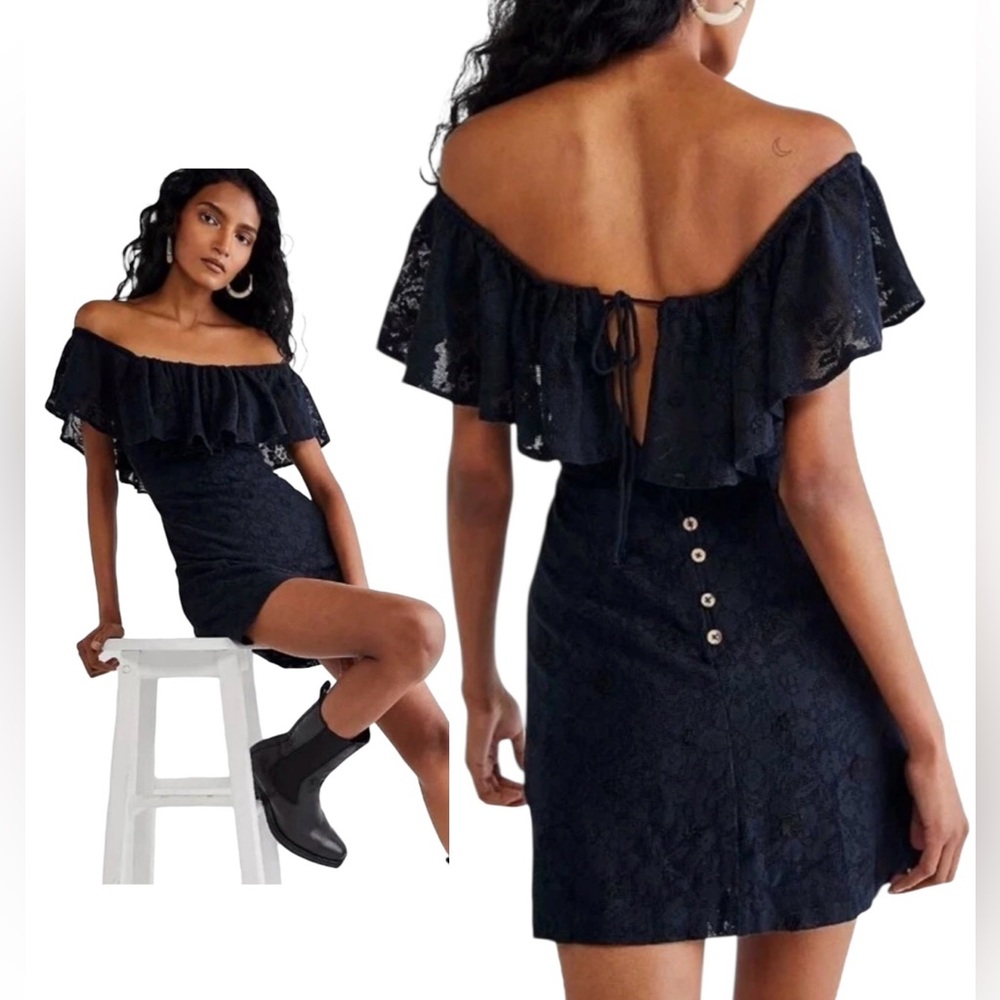 NWT $98 FREE PEOPLE Girl Crush Black Lace‎ Mini Dress M Button-Back Off-Shoulder